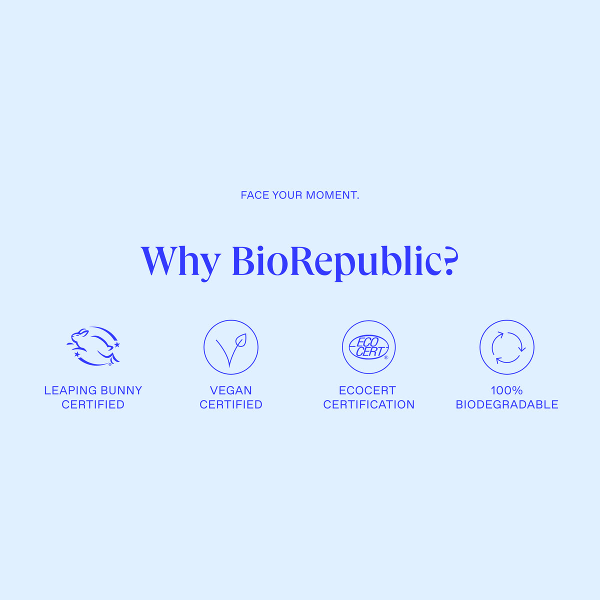 Why BioRepublic: Leaping Bunny, vegan, Ecocert certified, 100% biodegradable